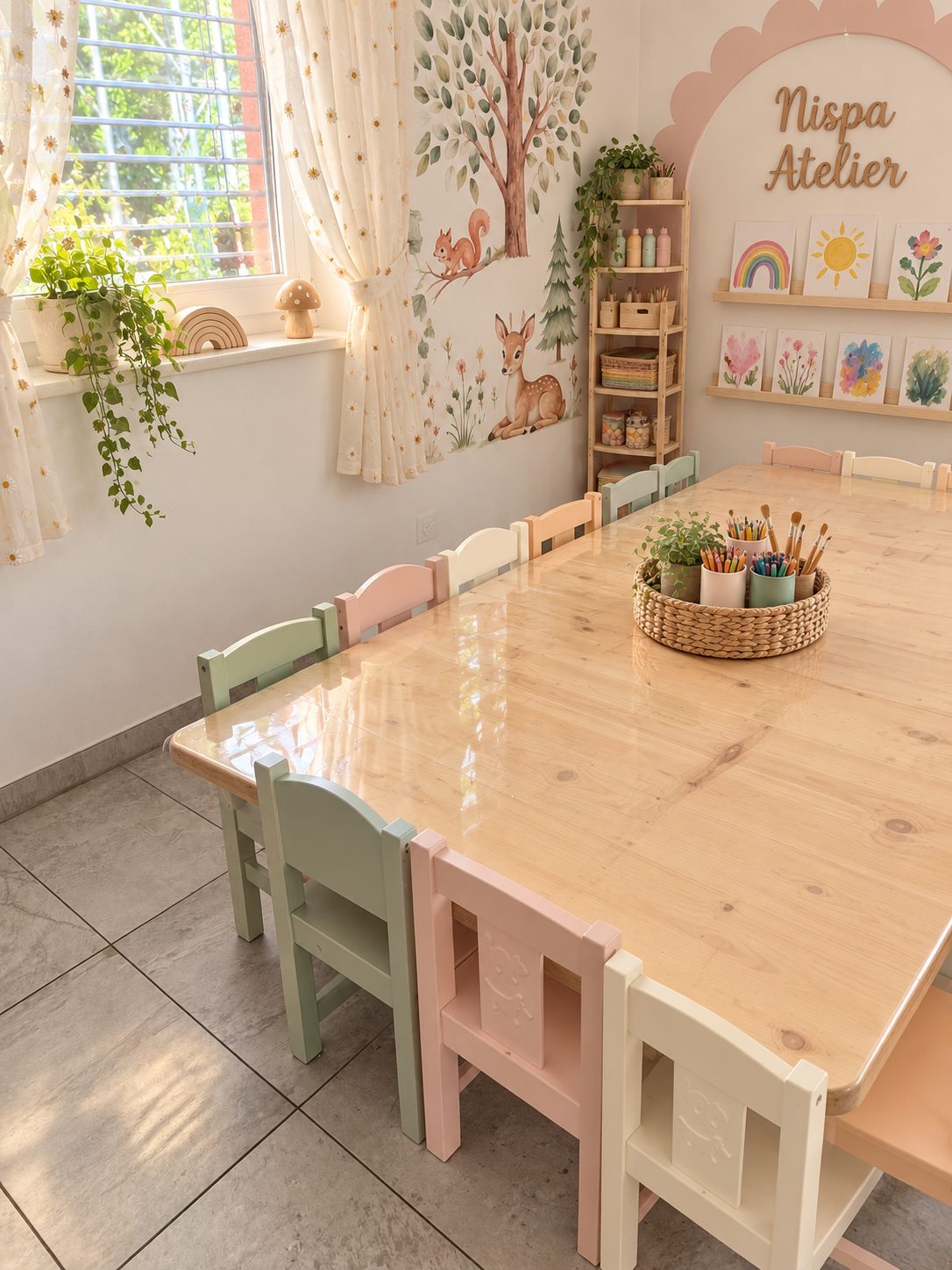 Tisch mit pastellfarbenen Stühlen im Nispa Atelier