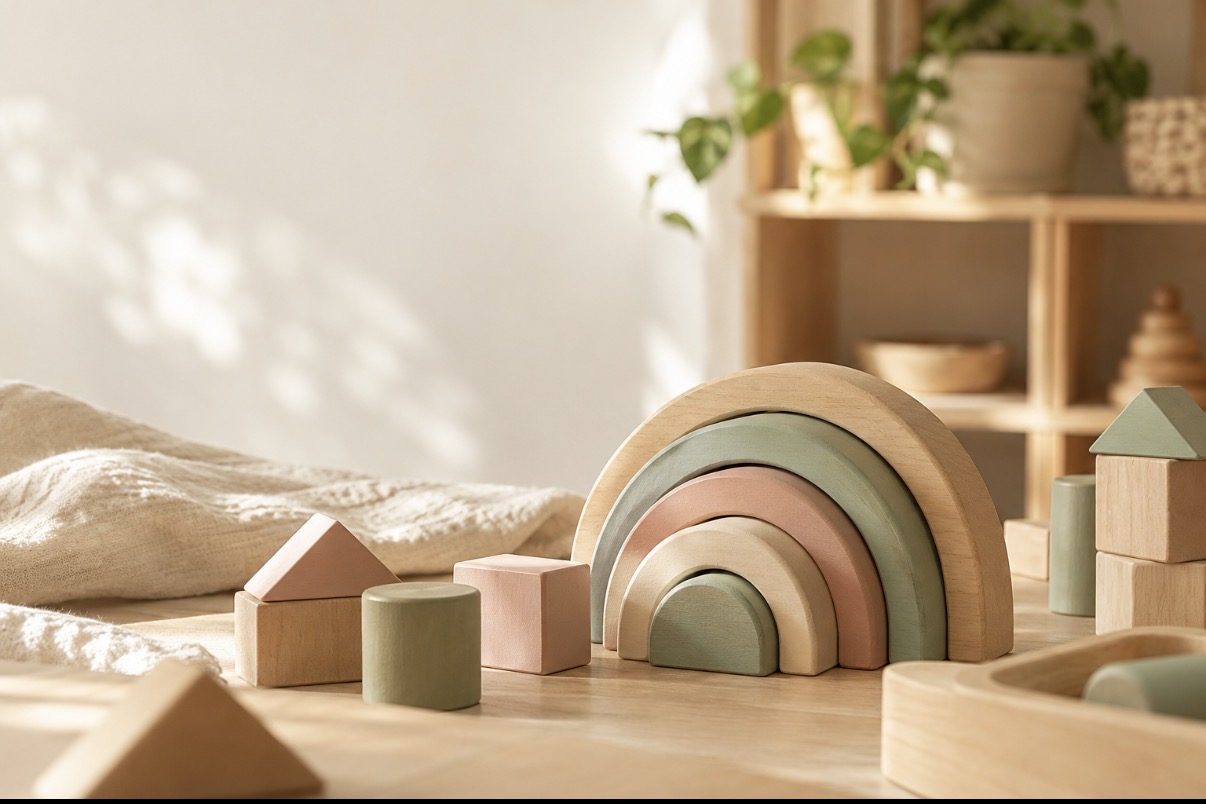Holzregenbogen in Pastellfarben, davor Holzbausteine