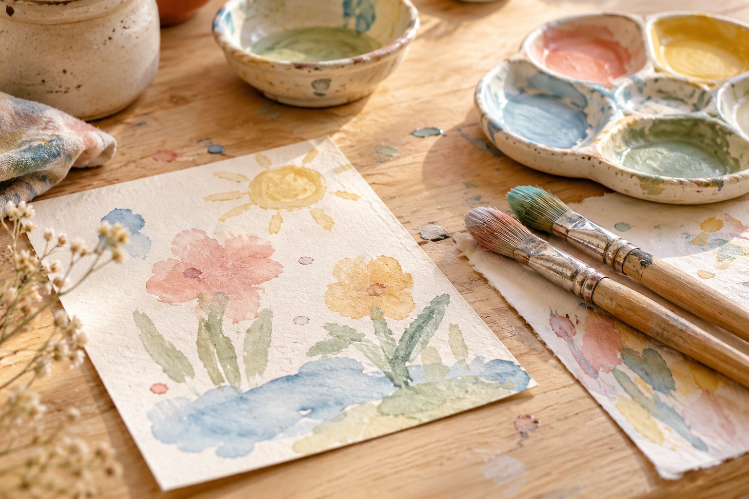 Aquarellbild mit Sonne und Blumen, daneben Pinsel und Farbschälchen
