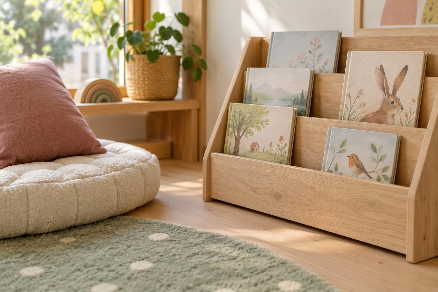 Bilderbücher in einem Holzregal, davor ein Sitzkissen