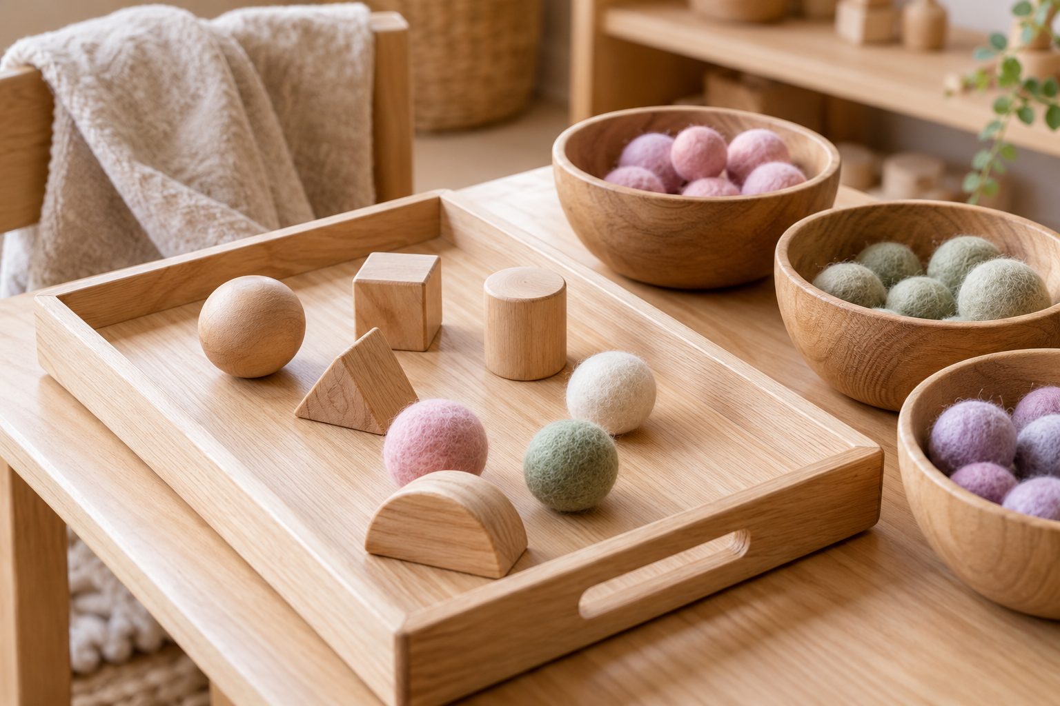 Holztablett mit Filzkugeln und Holzformen