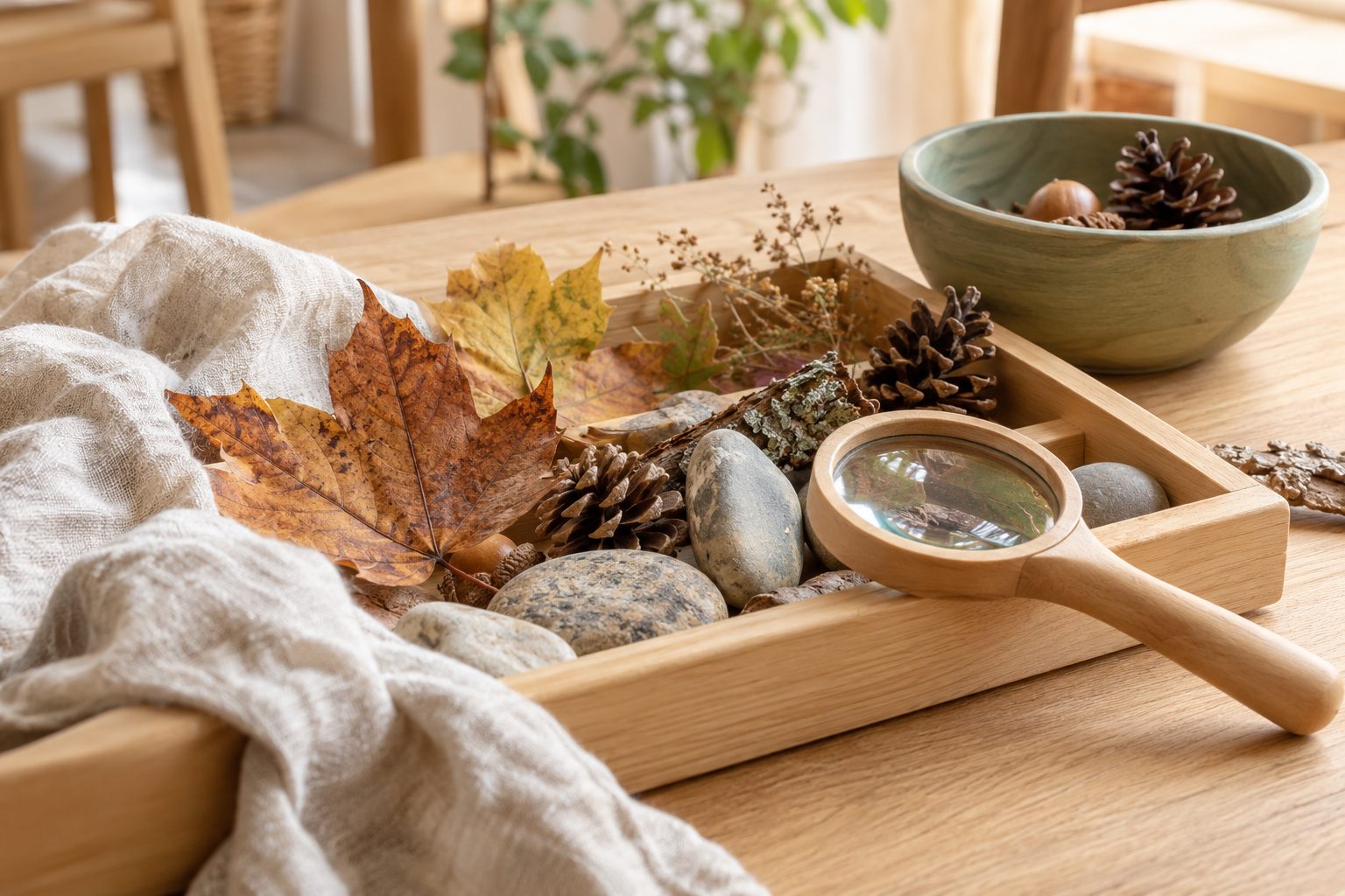 Tablett mit Herbstblättern, Tannenzapfen, Steinen und Lupe
