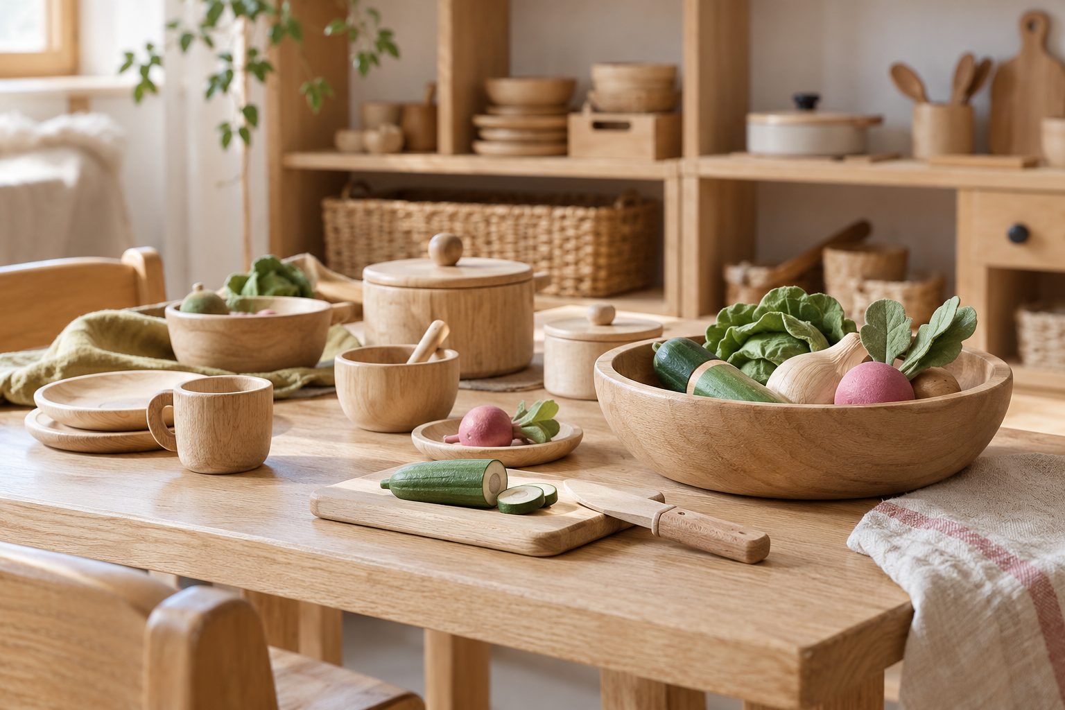 Holzgeschirr und Holzgemüse auf einem Tisch